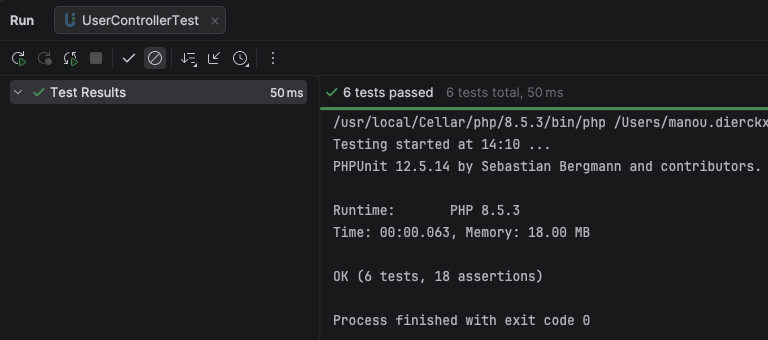 PHPUnit output in de terminal