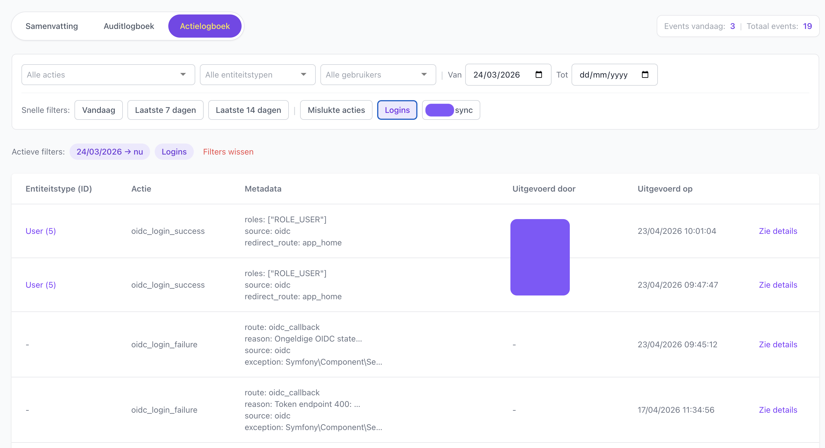 Actielogboek met snelfilters en actieve filterbadges