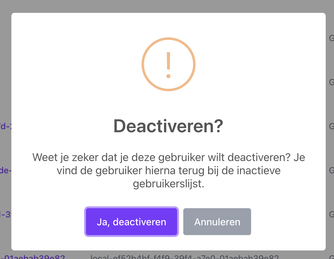 bevestigingsdialoog voor deactiveren user